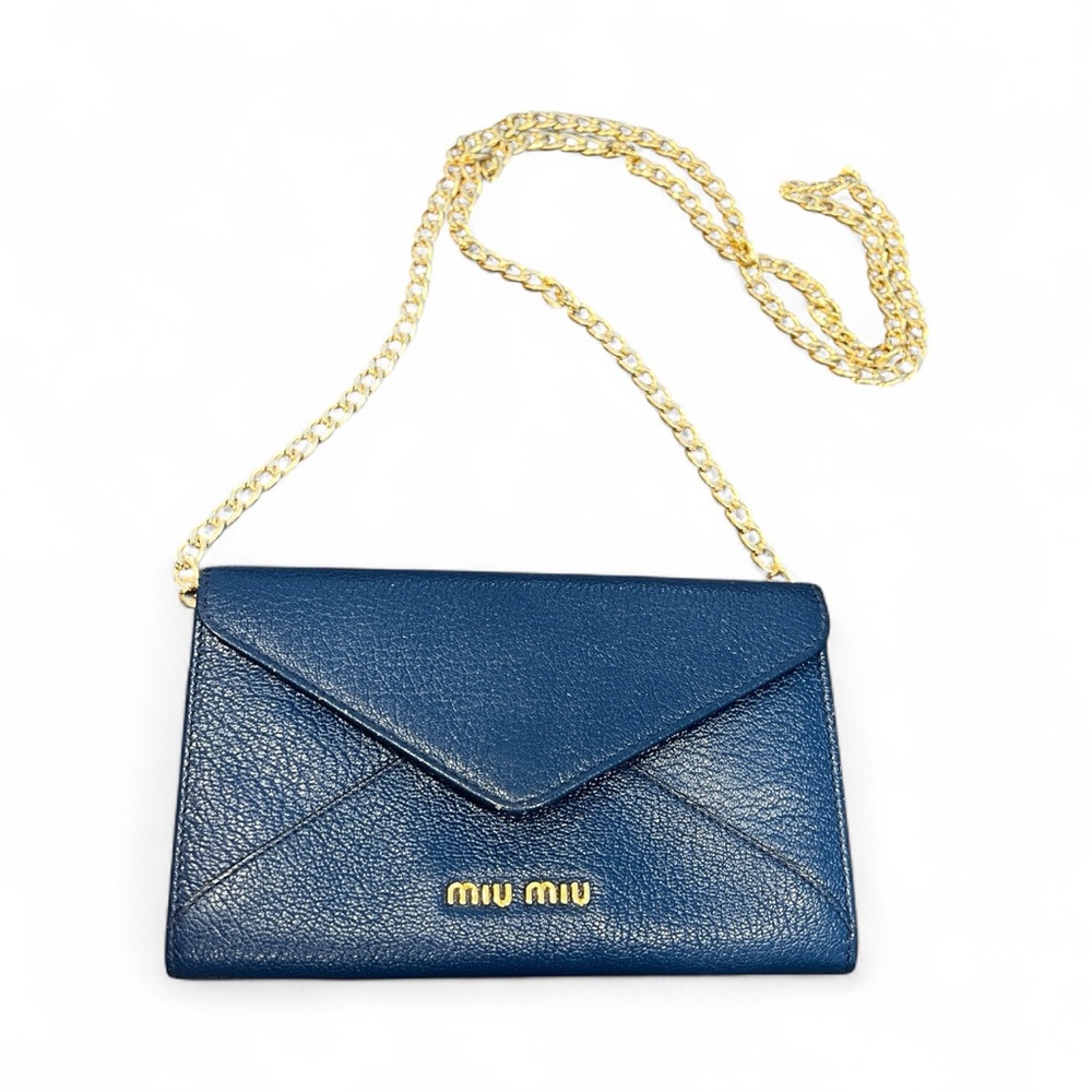 Miu Miu Vintage Dark Blue Envelope Wallet with Gold Chain